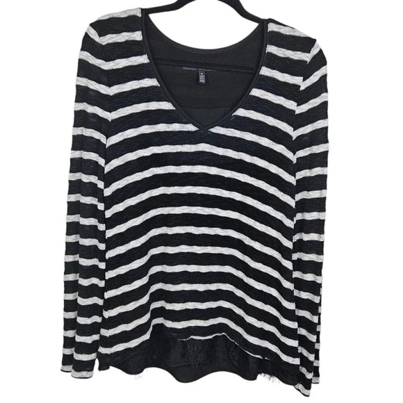White House Black Market Long Sleeve V Neck Striped Sweater Lace Size Medium - Picture 1 of 12